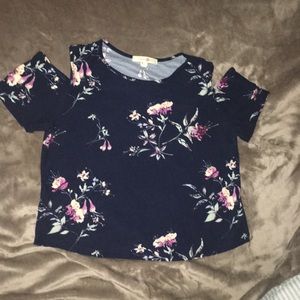 blue flowered almost crop top shirt